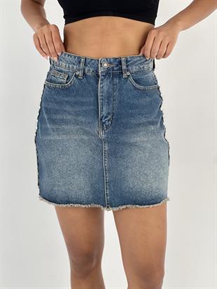 Kadın Yanları Taş Detaylı Mavi Denim Kot Etek