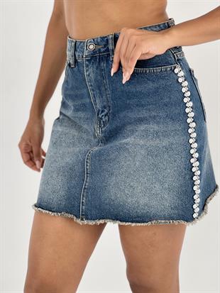 Kadın Yanları Taş Detaylı Mavi Denim Kot Etek