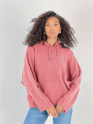 Kadın Yarasa Kol Kapüşonlu Pembe Kazak