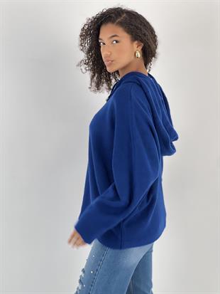 Kadın Yarasa Kol Kapüşonlu Saks Kazak