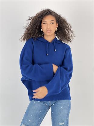 Kadın Yarasa Kol Kapüşonlu Saks Kazak