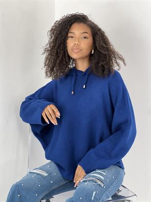 Kadın Yarasa Kol Kapüşonlu Saks Kazak