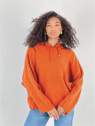 Kadın Yarasa Kol Kapüşonlu Turuncu Kazak