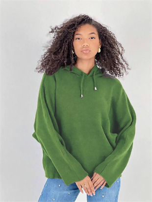 Kadın Yarasa Kol Kapüşonlu Yeşil Kazak