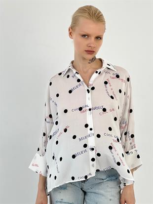 Kadın Yazı Baskılı Noktalı Oversize Ekru Gömlek