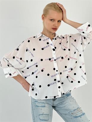 Kadın Yazı Baskılı Noktalı Oversize Ekru Gömlek