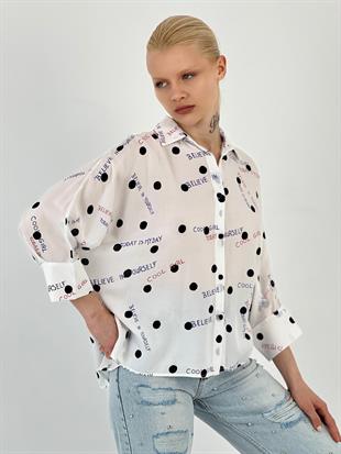 Kadın Yazı Baskılı Noktalı Oversize Ekru Gömlek