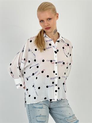 Kadın Yazı Baskılı Noktalı Oversize Ekru Gömlek