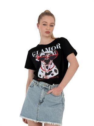 Kadın Yazlık Baskılı Kısa Kollu Bol Siyah Tişört