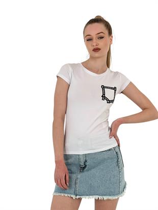 Kadın Yazlık Baskılı Kısa Kollu Dar Siyah Tişört