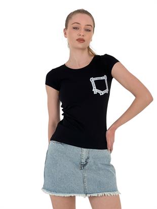 Kadın Yazlık Baskılı Kısa Kollu Dar Siyah Tişört