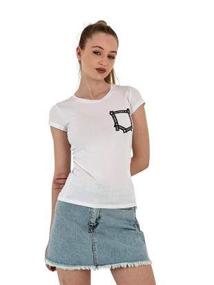 Kadın Yazlık Baskılı Kısa Kollu Dar Siyah Tişört