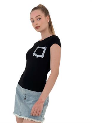 Kadın Yazlık Baskılı Kısa Kollu Dar Siyah Tişört