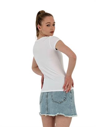 Kadın Yazlık Coffe Baskı Kısa Kol Dar Beyaz Tişört