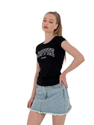 Kadın Yazlık Coffe Baskı Kısa Kol Dar Beyaz Tişört