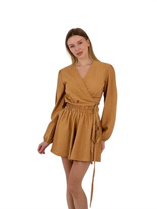 Kadın Yazlık Crop Bluz Mini Şort Alt Üst Camel İkili Takım