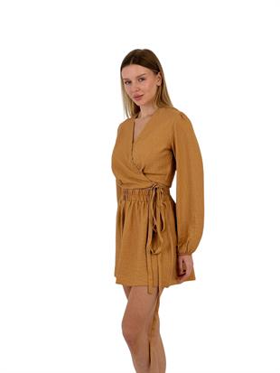 Kadın Yazlık Crop Bluz Mini Şort Alt Üst Camel İkili Takım