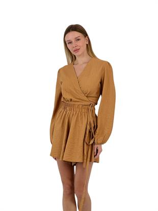 Kadın Yazlık Crop Bluz Mini Şort Alt Üst Camel İkili Takım