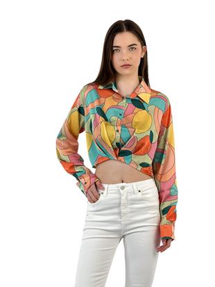 Kadın Yazlık Desenli Kısa Crop Dar Turuncu Gömlek
