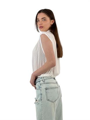 Kadın Yazlık Kolsuz Kısa Crop Lastikli Gömlek