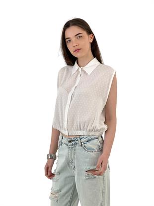 Kadın Yazlık Kolsuz Kısa Crop Lastikli Gömlek