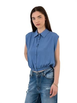 Kadın Yazlık Kolsuz Kısa Crop Lastikli Gömlek