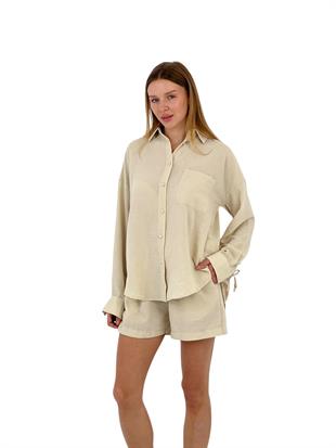 Kadın Yazlık Oversize Gömlek Mini Şort Alt Üst İkili Takım
