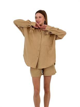 Kadın Yazlık Oversize Gömlek Mini Şort Alt Üst İkili Takım