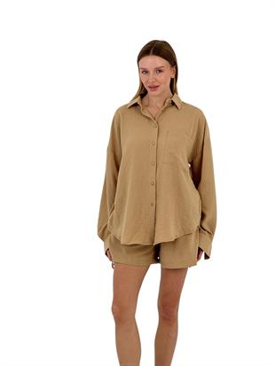 Kadın Yazlık Oversize Gömlek Mini Şort Alt Üst İkili Takım