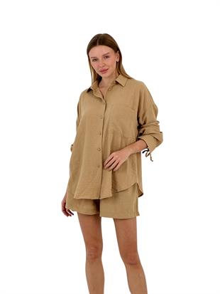 Kadın Yazlık Oversize Gömlek Mini Şort Alt Üst İkili Takım