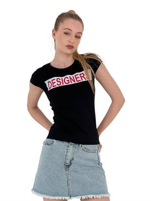 Kadın Yazlık Yazı Baskı Kısa Kol Dar Siyah Tişört
