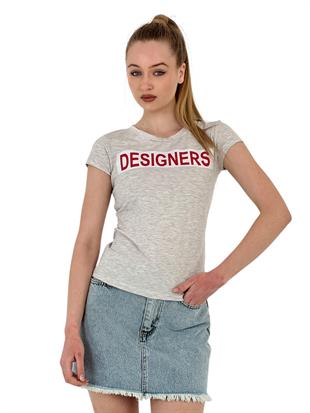 Kadın Yazlık Yazı Baskı Kısa Kol Dar Siyah Tişört