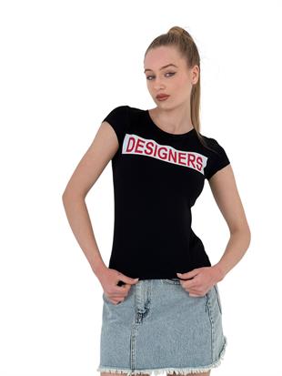 Kadın Yazlık Yazı Baskı Kısa Kol Dar Siyah Tişört