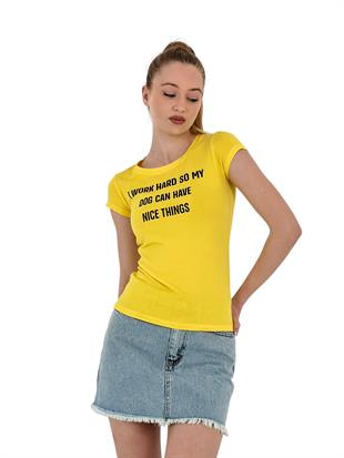 Kadın Yazlık Yazı Baskı Kısa Kol Dar Siyah Tişört