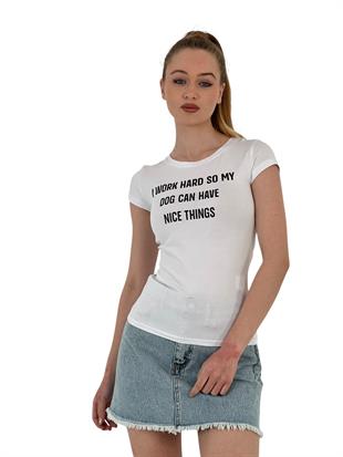 Kadın Yazlık Yazı Baskı Kısa Kol Dar Siyah Tişört