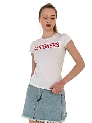 Kadın Yazlık Yazı Baskı Kısa Kol Dar Siyah Tişört