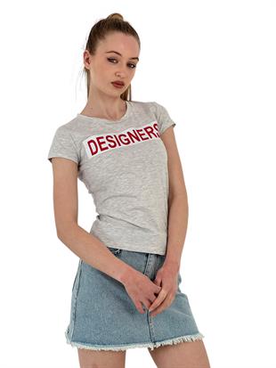 Kadın Yazlık Yazı Baskı Kısa Kol Dar Siyah Tişört