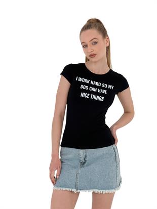 Kadın Yazlık Yazı Baskı Kısa Kol Dar Siyah Tişört