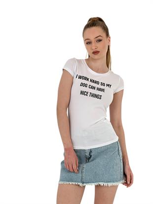 Kadın Yazlık Yazı Baskı Kısa Kol Dar Siyah Tişört