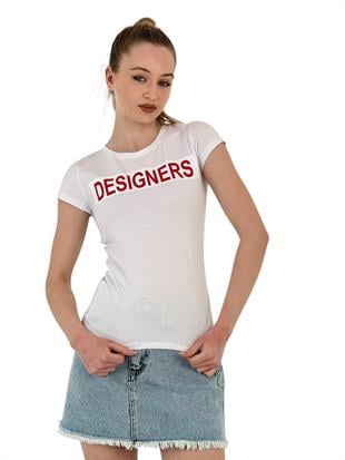 Kadın Yazlık Yazı Baskı Kısa Kol Dar Siyah Tişört