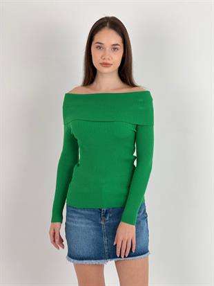 Kadın Yeşil Kayık Yaka Fitilli Triko Kazak