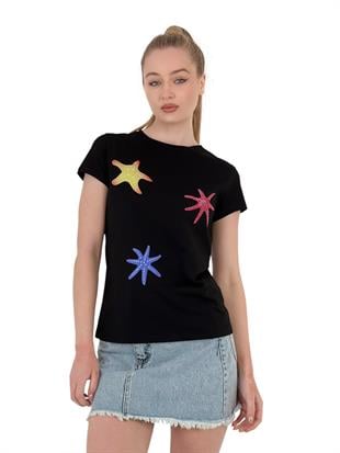 Kadın Yıldız Baskılı Kısa Kollu Yazlık Siyah Tişört