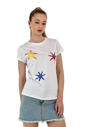 Kadın Yıldız Baskılı Kısa Kollu Yazlık Siyah Tişört