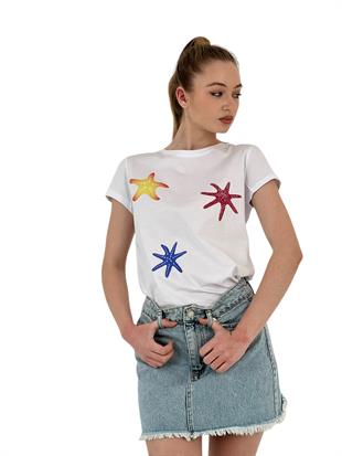 Kadın Yıldız Baskılı Kısa Kollu Yazlık Siyah Tişört