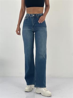 Kadın Yüksek Bel Düz Kesim Mavi Jean Pantolon