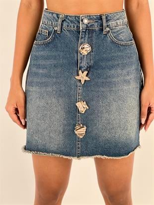 Kadın Yüksek Bel Figür Düğme Detaylı Kot Etek