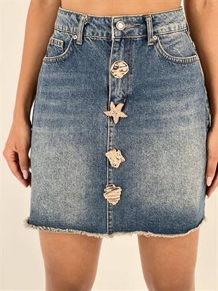 Kadın Yüksek Bel Figür Düğme Detaylı Kot Etek