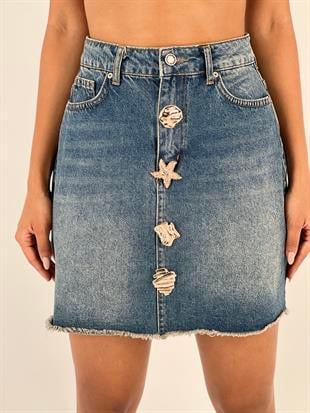 Kadın Yüksek Bel Figür Düğme Detaylı Kot Etek