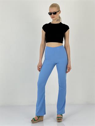 Kadın Yüksek Bel Paçası Geniş Mavi Pantolon