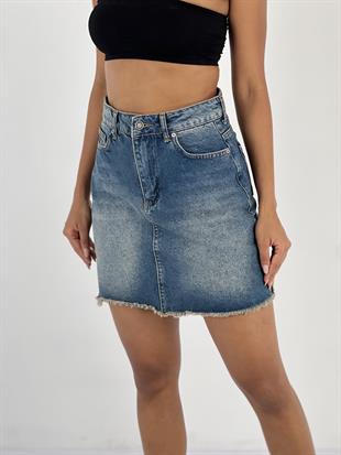 Kadın Yüksek Bel Püsküllü Kot Etek